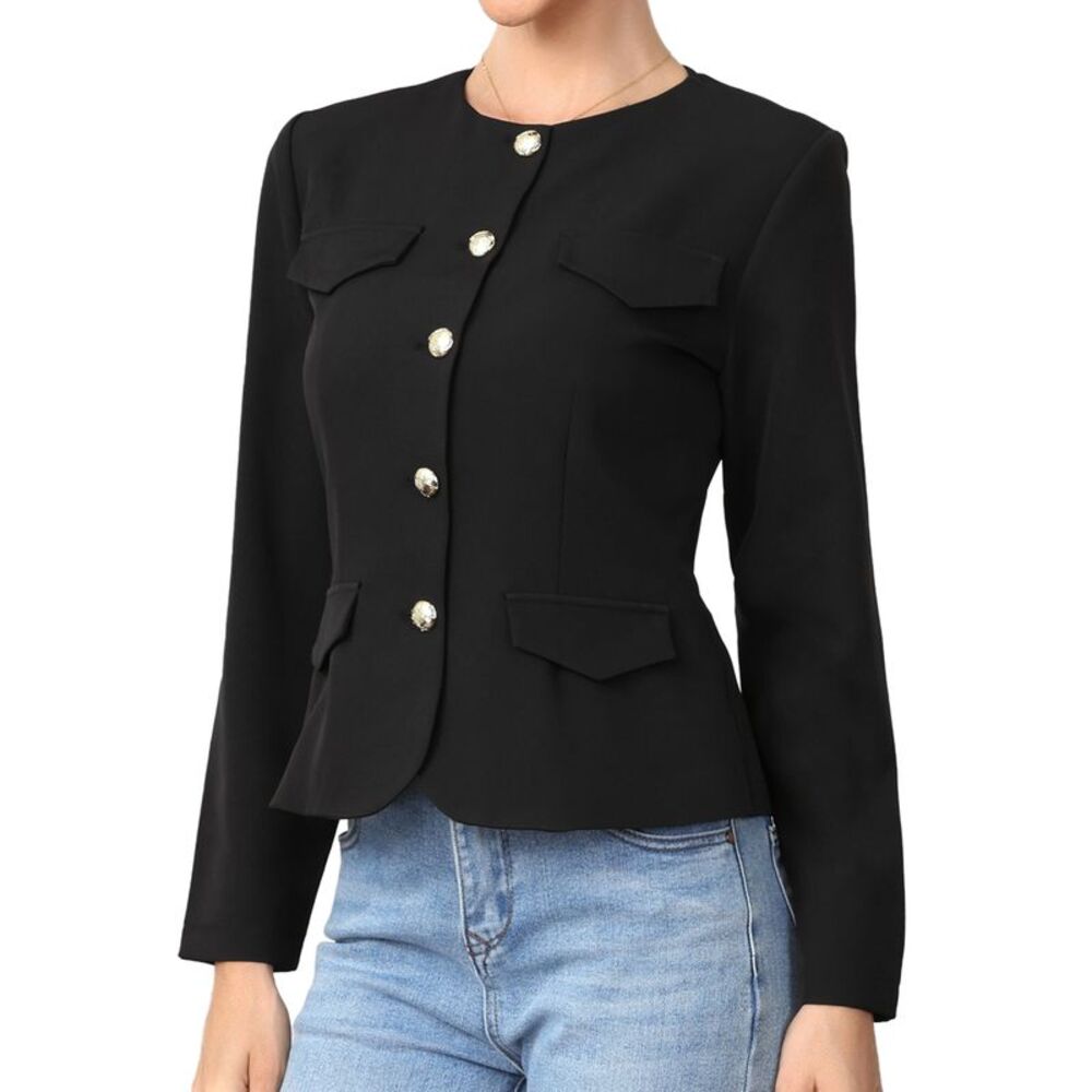 Women Collarless Button Down Fitted Business Casual Blazer Jacket Black